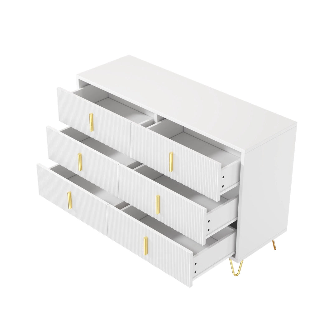Credenza sideboard moderna 120 x 77 x 40 cm con 6 cassetti; bianco e oro in truciolare