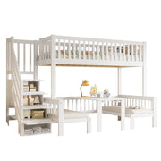 Letto a Castello 90x200 cm e 120x200 cm; con Tavolo Regolabile; Scala Contenitore e Sponda; Bianco