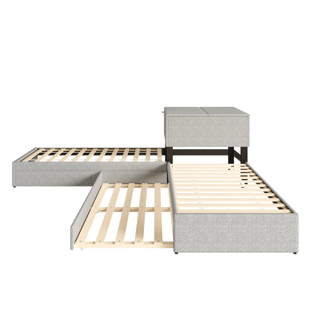Letto angolare multifunzione con letto estraibile, contenitore e cassetti, 90x200 cm, grigio