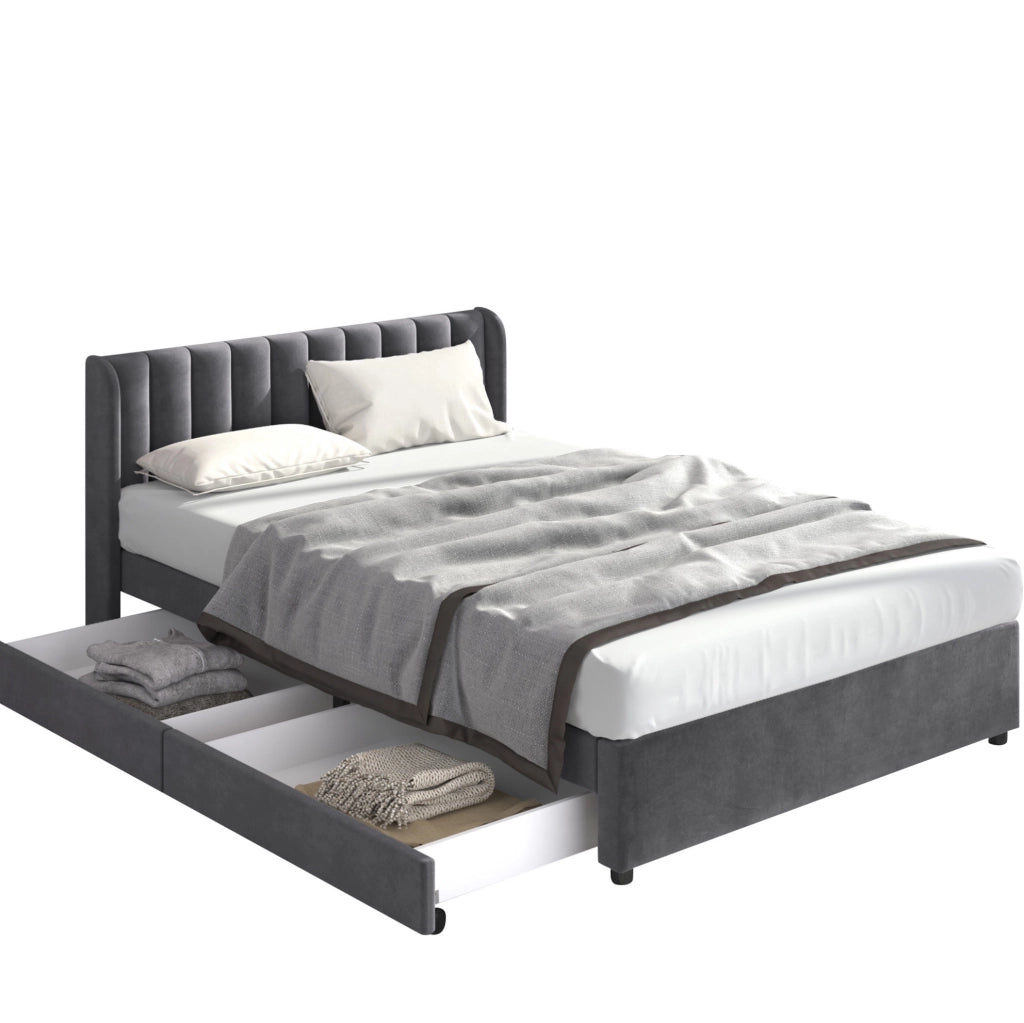 Letto matrimoniale in velluto grigio 180x200 cm con 2 cassetti