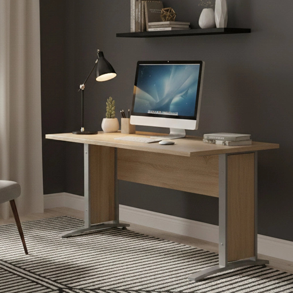 Scrivania Ascorbato, Scrittoio multiuso, Tavolo per ufficio porta PC, Piano di lavoro, 150x80 h75 cm, Grigio e Quercia