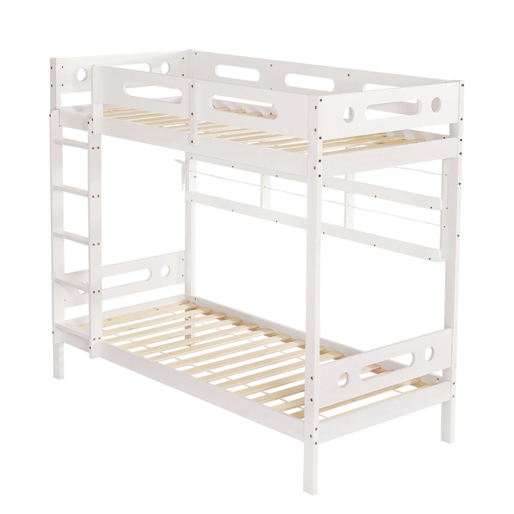 Letto a castello 90x200 cm con libreria aperta e scala a 5 gradini in legno e MDF bianco e naturale