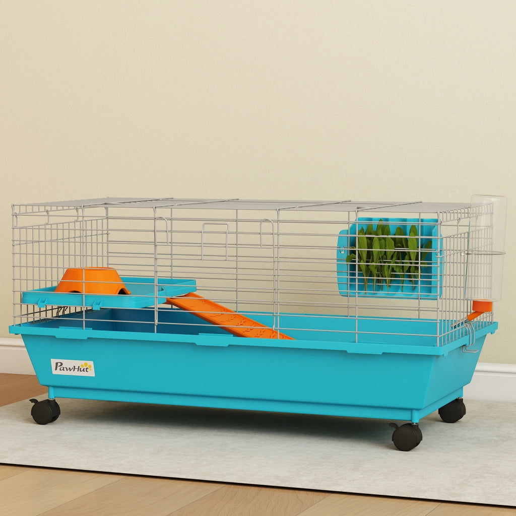 Gabbia per Piccoli Animali con Ruote e Dispensatore Fieno ¨C zephmum ¨C 89x44x43 cm Blu