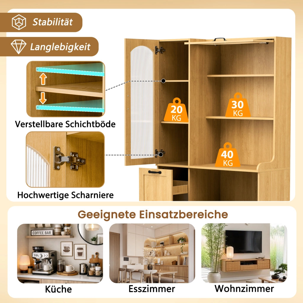 Credenza alta con ripiani regolabili e cassetto, ante in vetro rigato per cucina, in MDF naturale, 98 × 40 × 177 cm