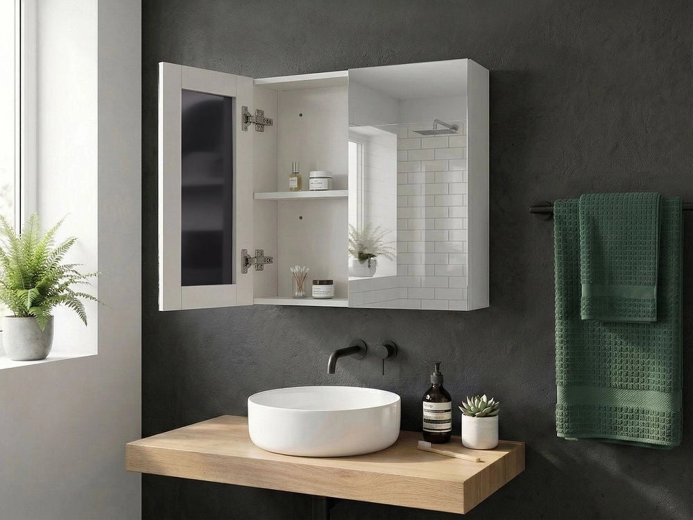 Armadietto a specchio per bagno in compensato bianco 60 x 60 cm Scaffali pensili a 2 ante