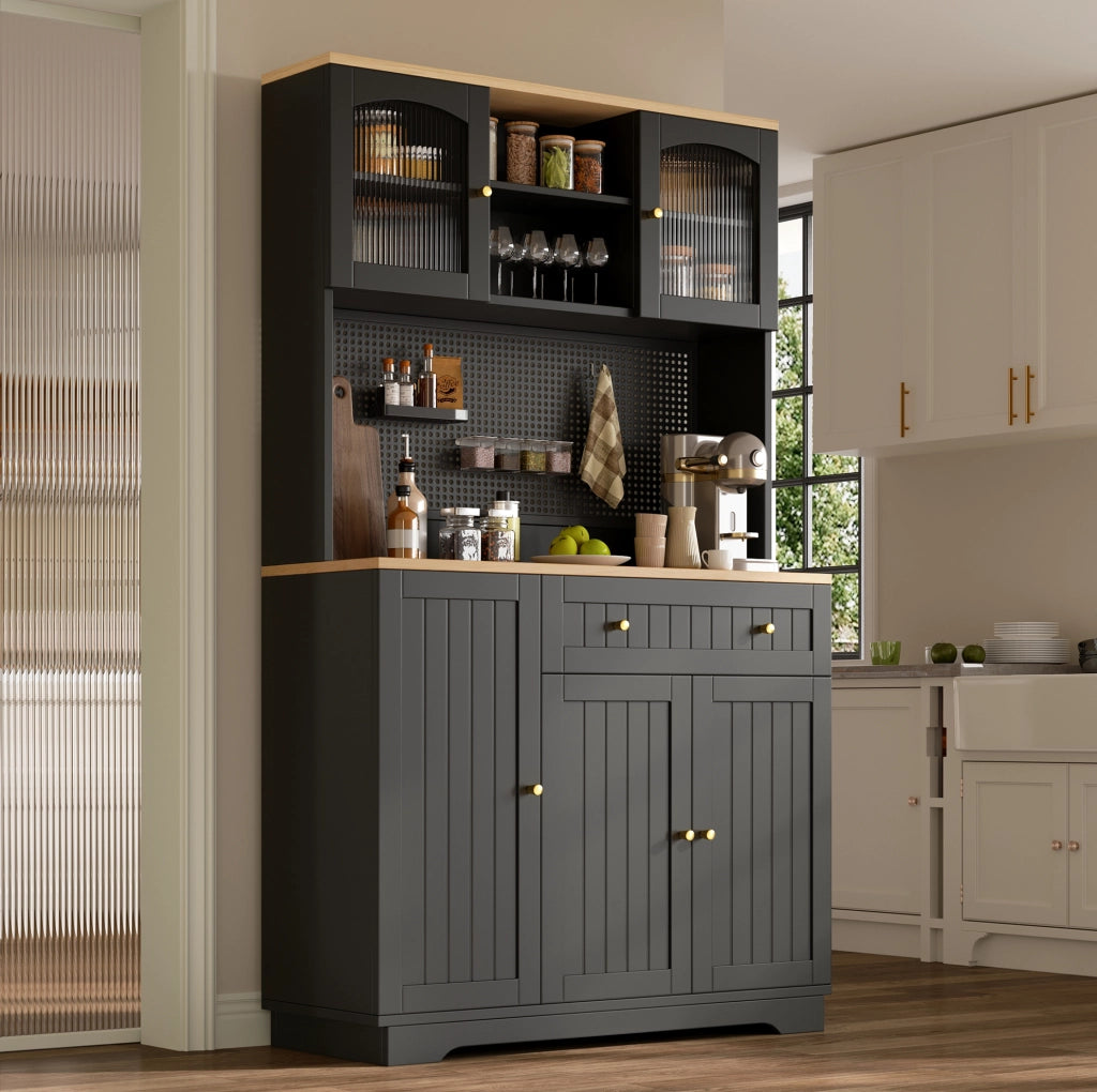 Credenza alta da cucina con vetrina, cassetto e pannello forato 103,5x40x180 cm nera HAVRYA