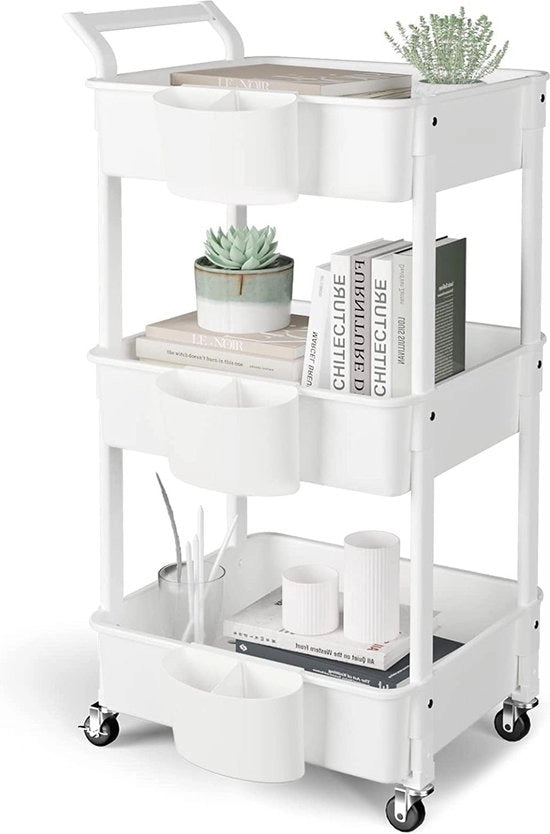 Carrello da cucina a 3 piani, carrello da servizio con ruote, trolley con 3 piani a rotelle, trolley multifunzionale per cucina, trucco, bagno, ufficio, bianco
