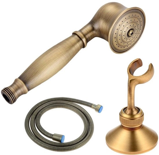 Doucheset a tre elementi retro, 1×maniglia in ottone con 1×1,5 m tubo e 1 beugel, doucheset nostalgico dorato, maniglia in ottone doucheset a tre elementi (oro, interamente in ottone)