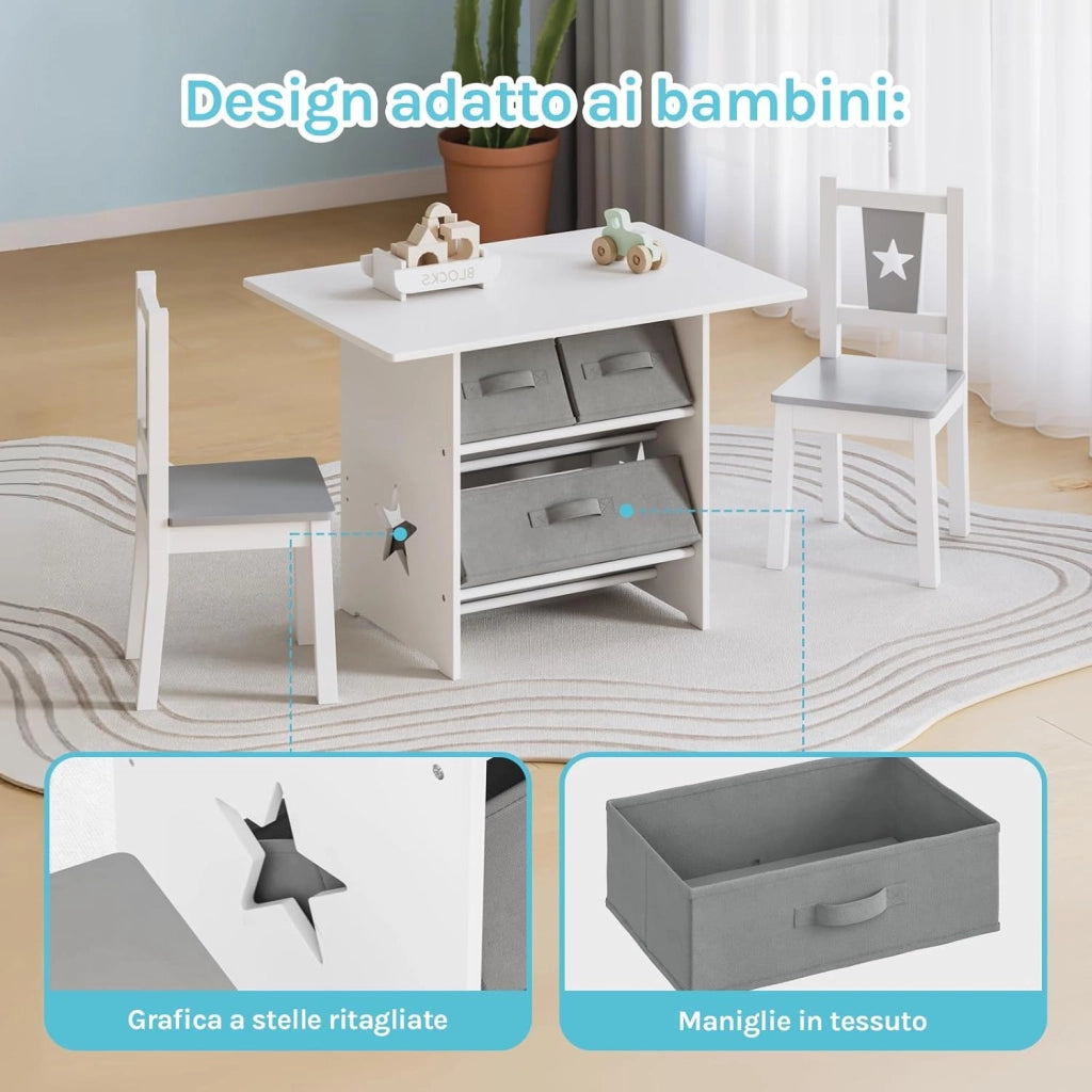 Tavolo per Bambini Scrivania con Cassetti Tavolino con 2 Sedie in Legno