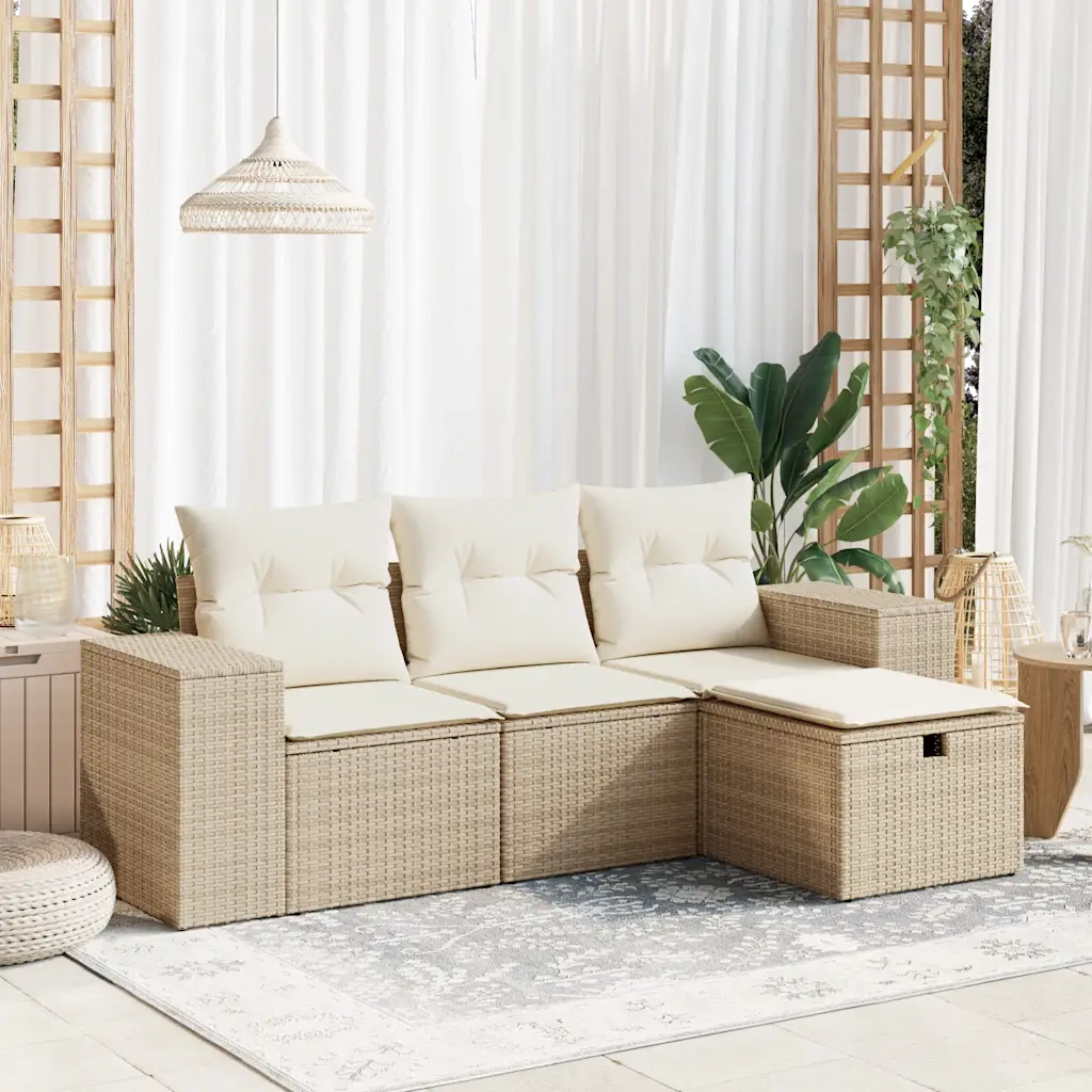 Set Divano da Giardino 4 pz con Cuscini Beige in Polyrattan
