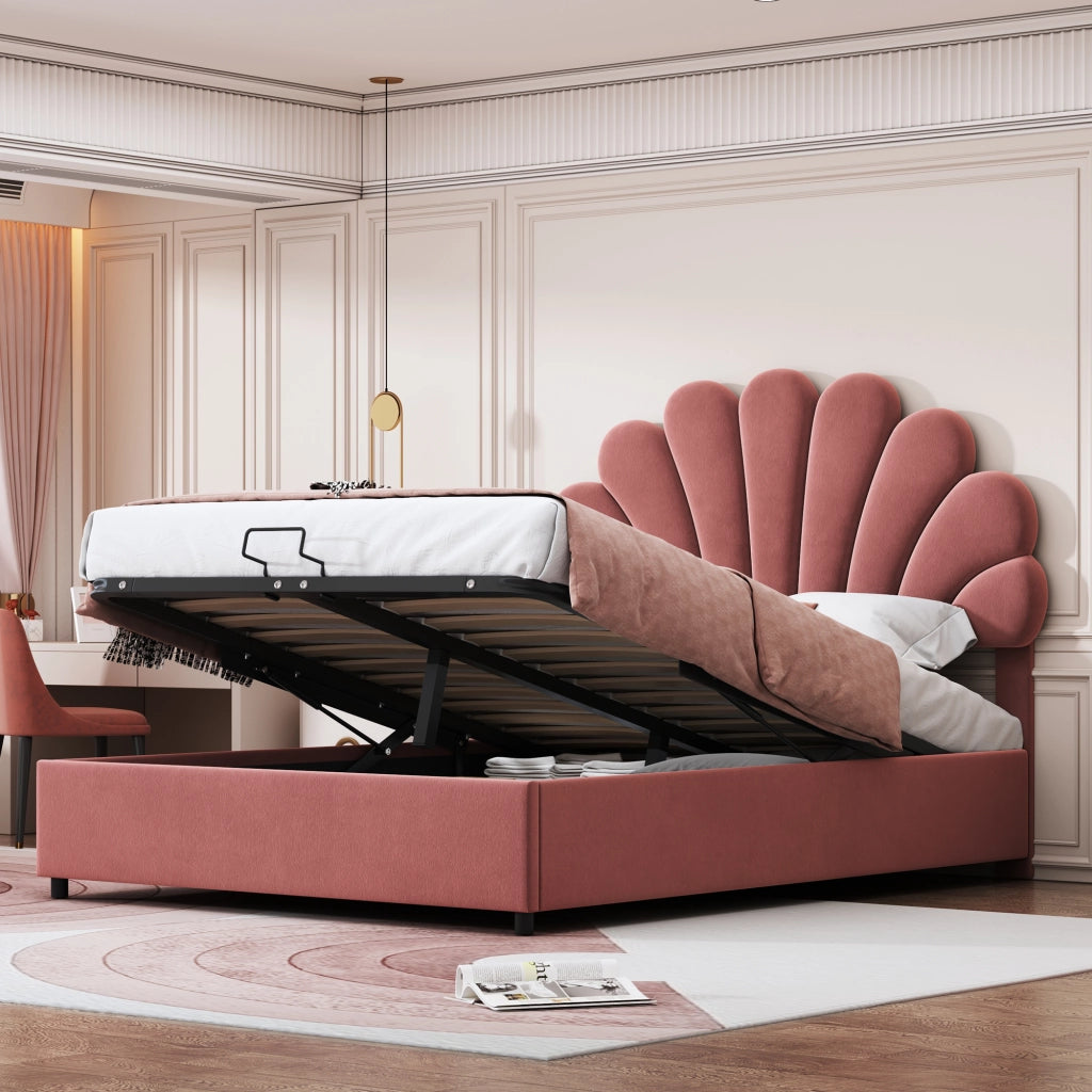 OKWISH Letto contenitore 140×200 cm, Letto Matrimoniale con Testiera Regolabile, Contenitore Idraulico e Rete, senza Materasso, Rosa