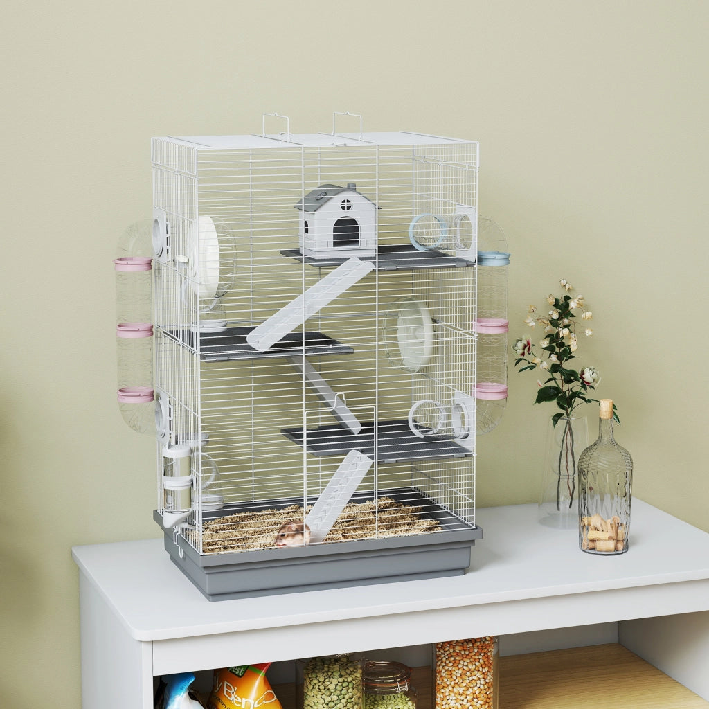 Gabbia per Criceti a 4 Livelli 47x30x70 cm e 16 Tubi con Casetta Rampa e Accessori in Metallo e Plastica Grigio