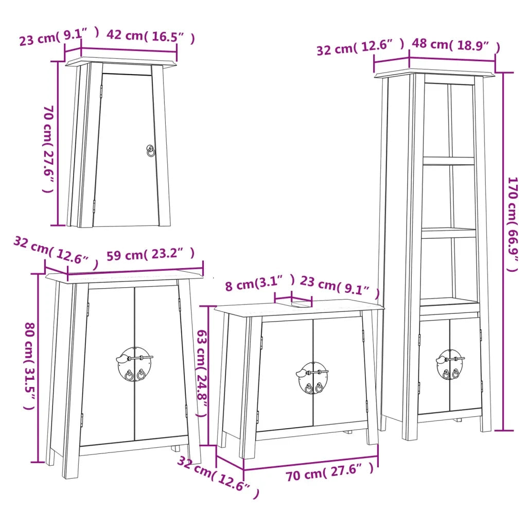Set Mobili da Bagno 4 pz in Legno Massello di Pino