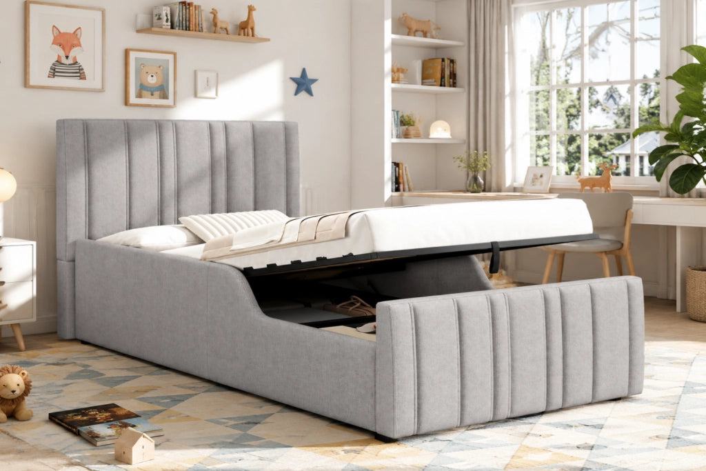 DESMIU Lit enfant 90 × 200 cm con contenitore idraulico e testiera, senza materasso, grigio lino