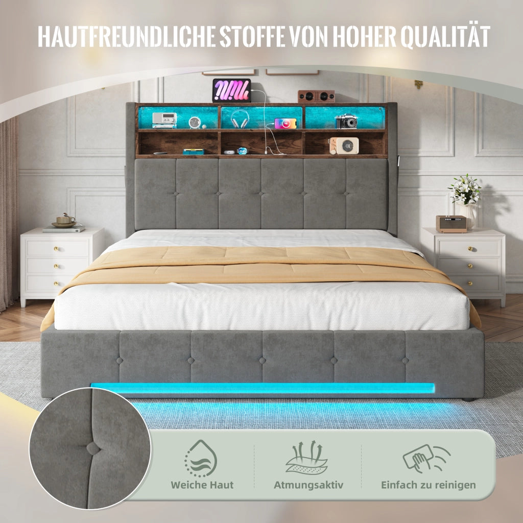 LETTO Contenitore 160x200 cm in velluto grigio scuro con LED e USB-C