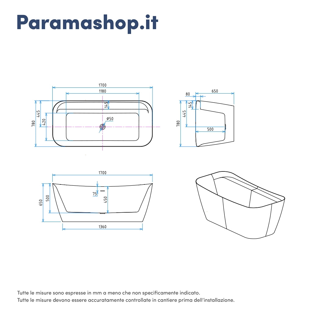 Vasca da bagno freestanding 170cm in acrilico bianco lucido | Elisabetta