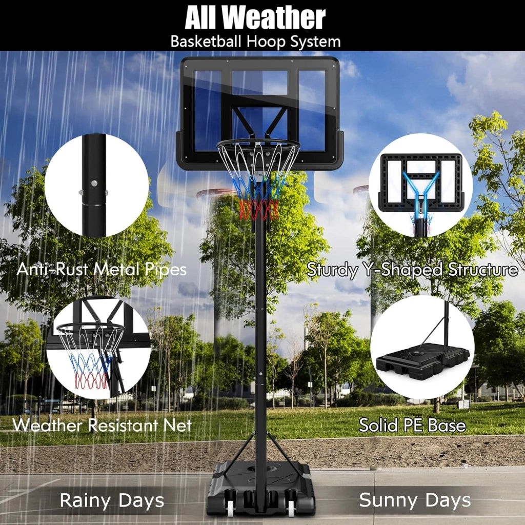 Canestro Basket per Esterno in PE, 10 Livelli di Altezza Regolabile 143-305 cm, Supporto da Basket Portatile con Ruote, Base, Pallacanestro per Interni, per Bambini e Adulti