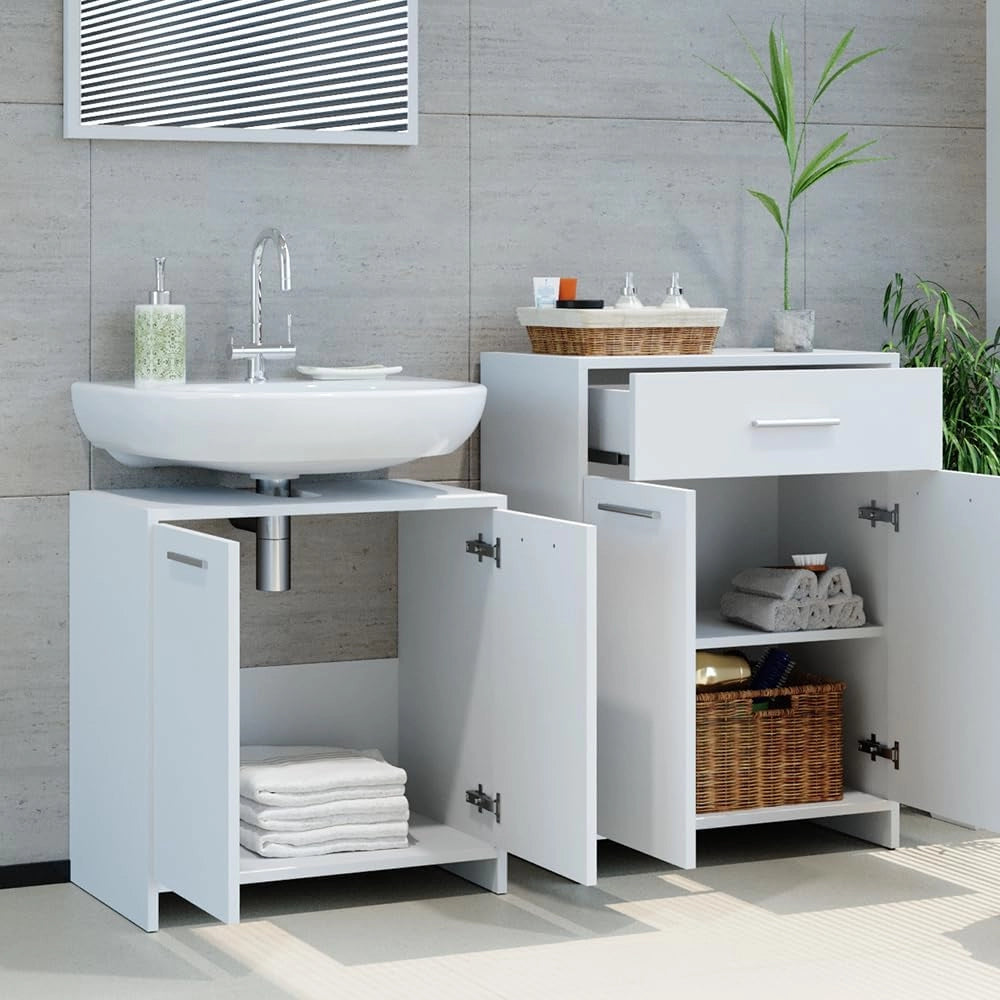 Set mobili bagno Kiko, Bianco, 58 cm, composto da mobile sottolavabo, specchiera e mobile medio