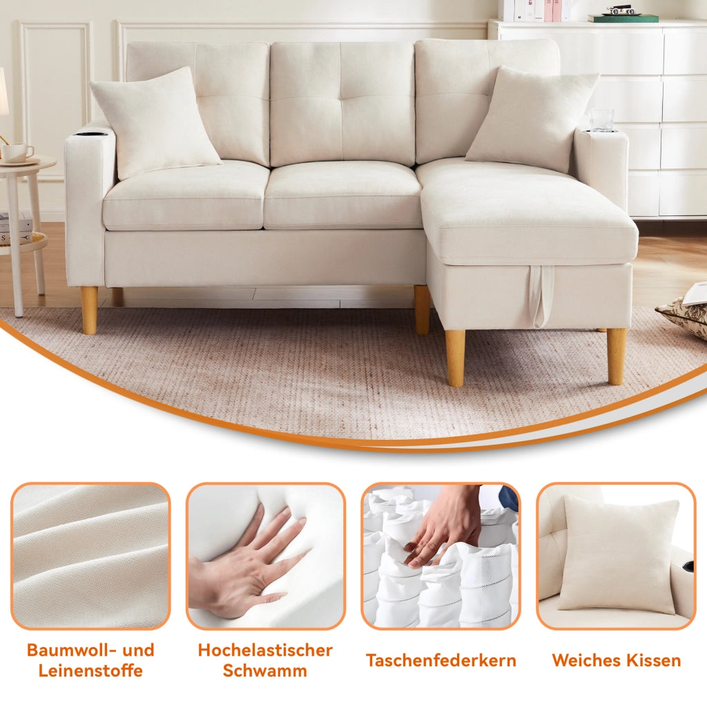 Divano angolare reversibile 3 Posti con vano contenitore, Portabicchieri e 2 Cuscini in Cotone Lino Beige 175 × 129 × 90 cm