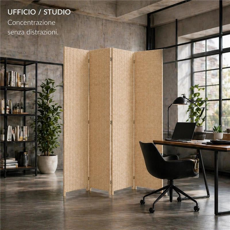 SEPARE' CON QUATTRO PANNELLI IN PLASTICA BEIGE CON STRUTTURA IN LEGNO MISURE: 180X180 CM