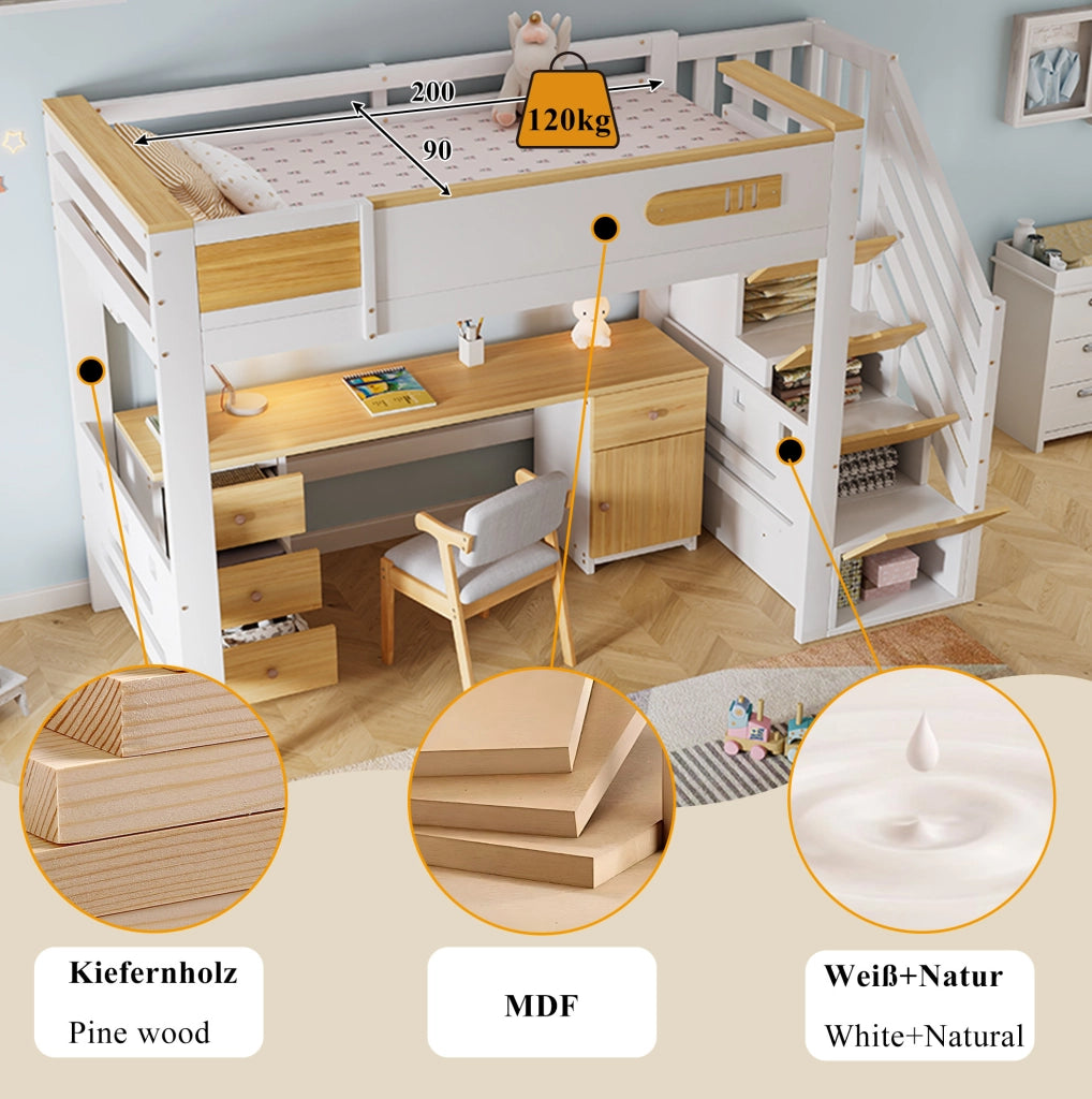 Letto a soppalco 90 x 200 cm con scrivania, scala contenitore e ripiani