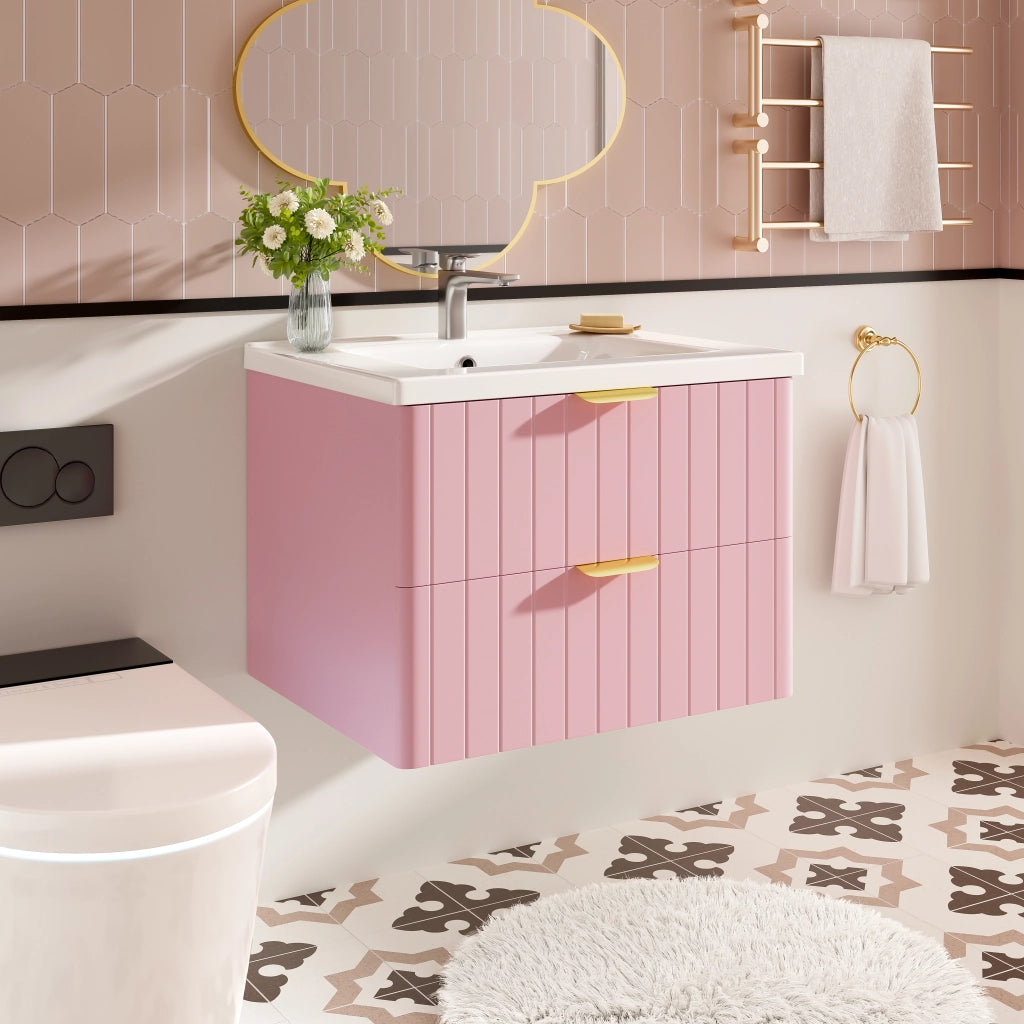 Mobile sottolavabo sospeso con lavabo in ceramica a 2 livelli in MDF rosa e bianco 28,3 kg