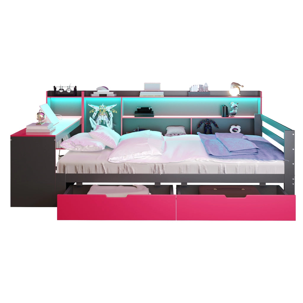 Letto a Soppalco Multifunzionale con Scrivania ¨C MINIMAL ¨C Legno, LED, Cassetti, Nero, 140x200