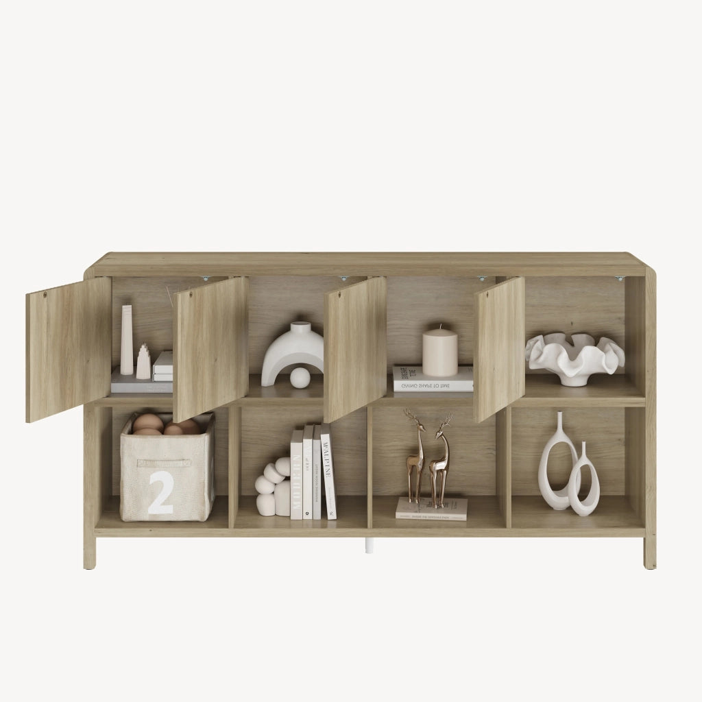 Credenza Bassa Lukkodso con 4 Ante e Scomparti Aperti 77x145x30 cm Effetto Rovere medio-chiaro [en.casa]