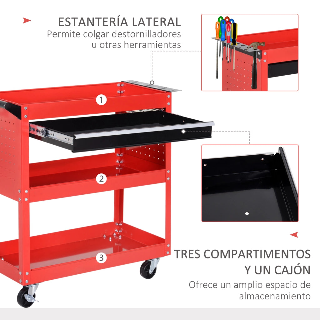 Carrello Porta Attrezzi con 3 Ripiani e Cassetto ¨C Xylo ¨C Ruote Frenanti Rosso