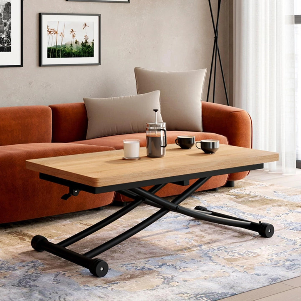 Tavolino 2 in 1 URBANA, trasformabile in tavolo da pranzo rettangolare, 100 cm, legno e nero, design industriale