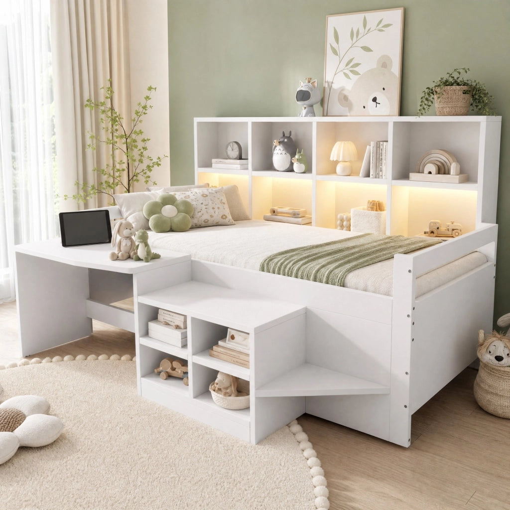 Letto combinato 90×200 cm; letto singolo con scrivania; vani contenitori; LED e prese USB; senza materasso; bianco