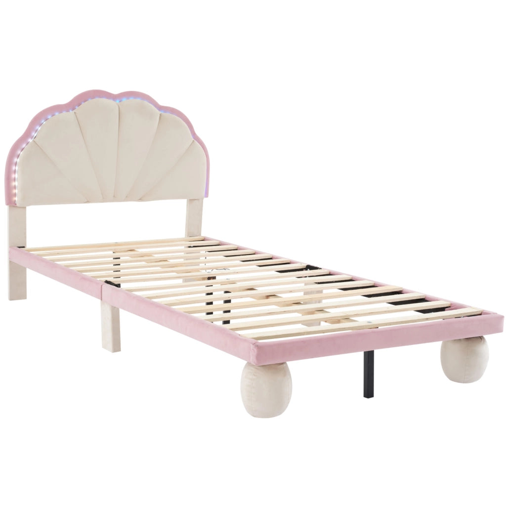 Letto per Bambini 90x200 cm; Letto Singolo - LED Multicolore con Effetti Cangianti - in Velluto - Beige e Rosa