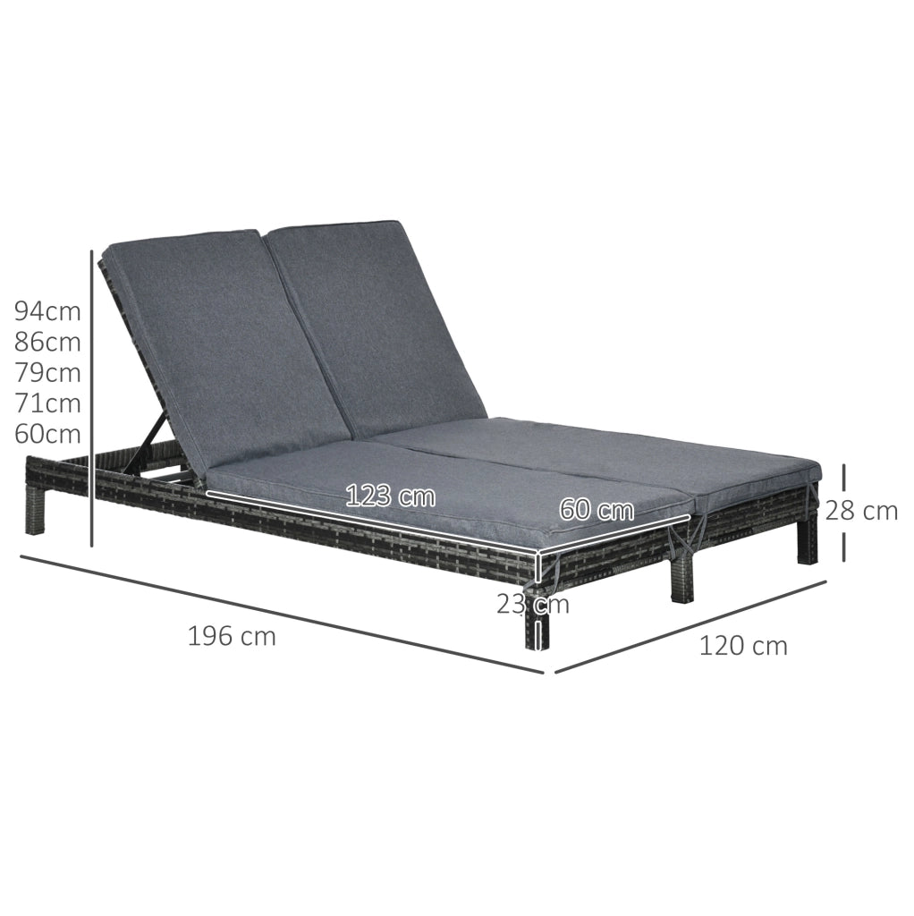 Lettino prendisole per 2 persone con schienali regolabili a 5 posizioni; 198x63x28 cm; grigio