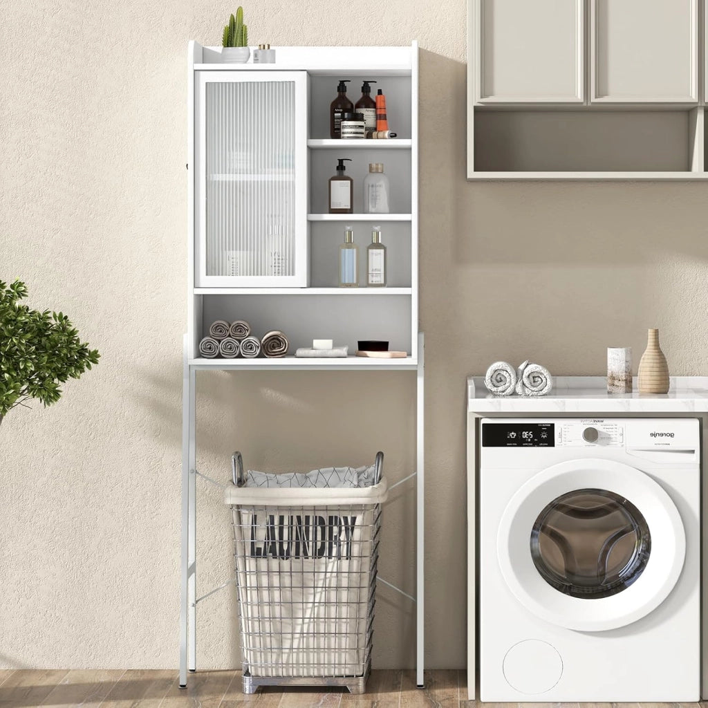 Mobiletto per Bagno, Armadio Sopra WC con Anta Scorrevole e Struttura Metallica, Scaffale Salvaspazio con Ripiani Regolabili per Bagno Lavanderia, 63x29x170 cm (Bianco)