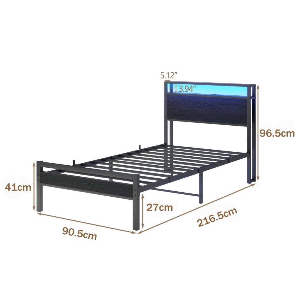Letto singolo 90x200 cm in metallo con USB e testiera contenitore