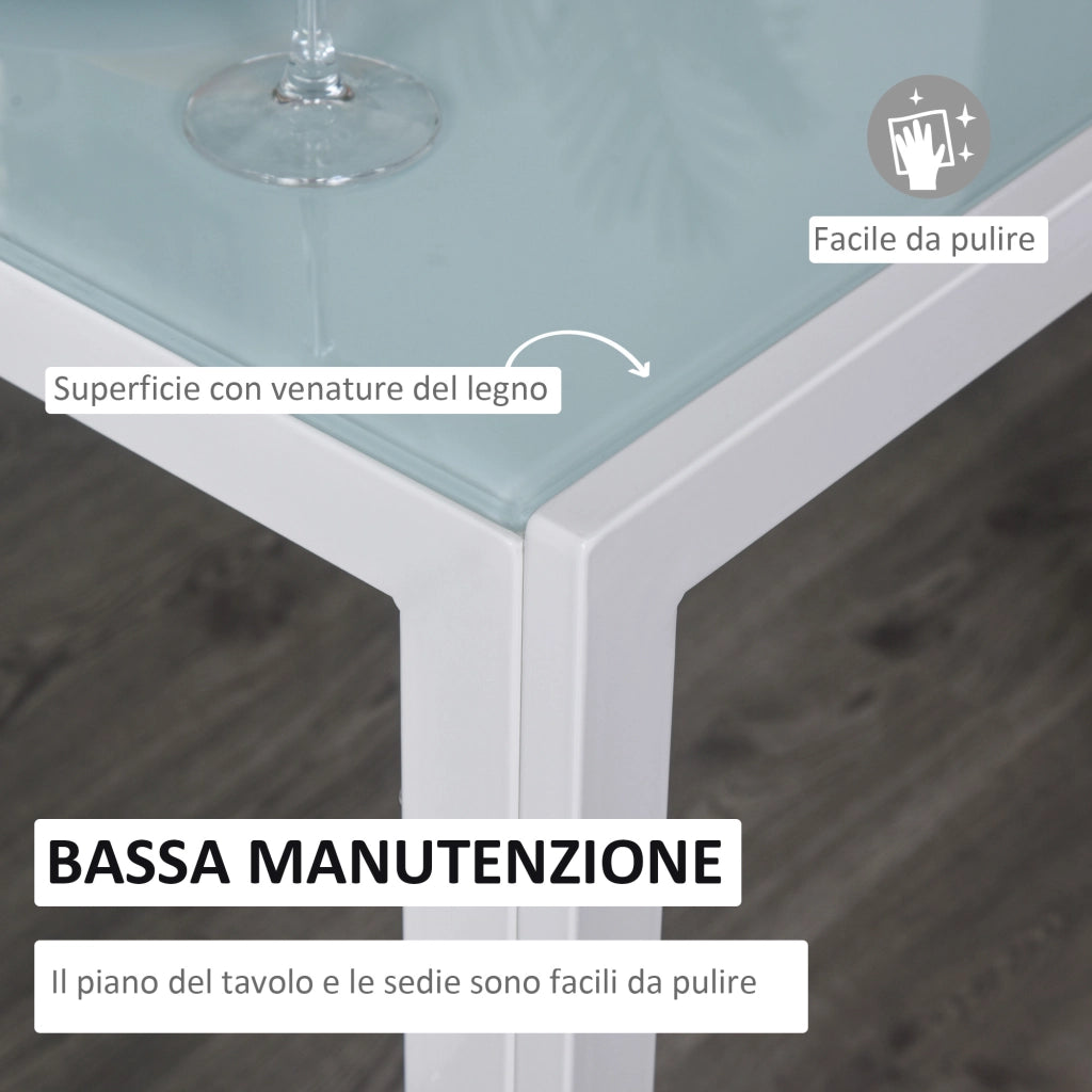 EasyComfort Set 5 Pezzi con 1 Tavolo e 4 Sedie per Cucina o Sala da Pranzo in Finta Pelle, Metallo e Vetro Temperato, Bianco