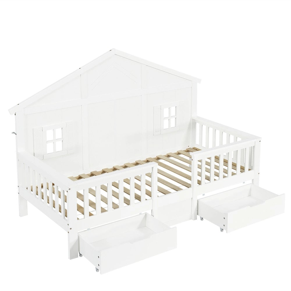 Letto Singolo Bambini a Casetta con Cassetti ¨C Xylo ¨C Pino MDF Multistrato Bianco 90x200