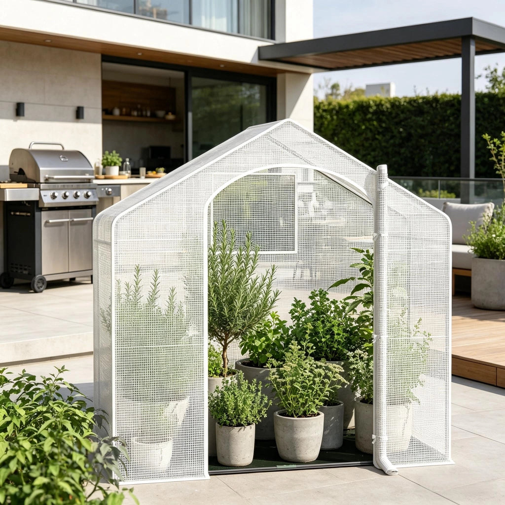 Serra a tunnel in rete PE 140 g/m² con porta avvolgibile e struttura in acciaio bianco 200 × 80 × 200 cm