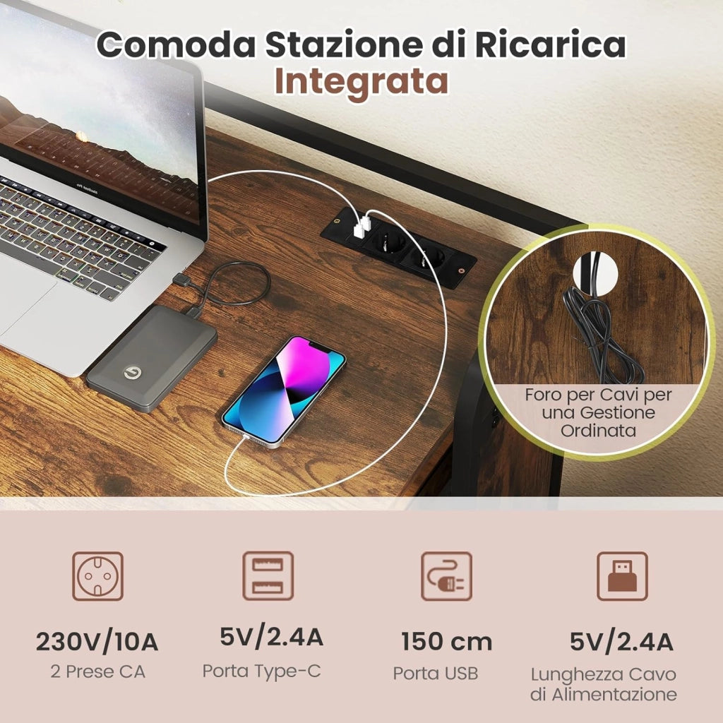 Scrivania Pieghevole con Sgabello, Scrivania Portatile con Scaffale e Stazione di Ricarica, Tavolo da Scrittura con Sedia per Studio e Ufficio (Marrone)