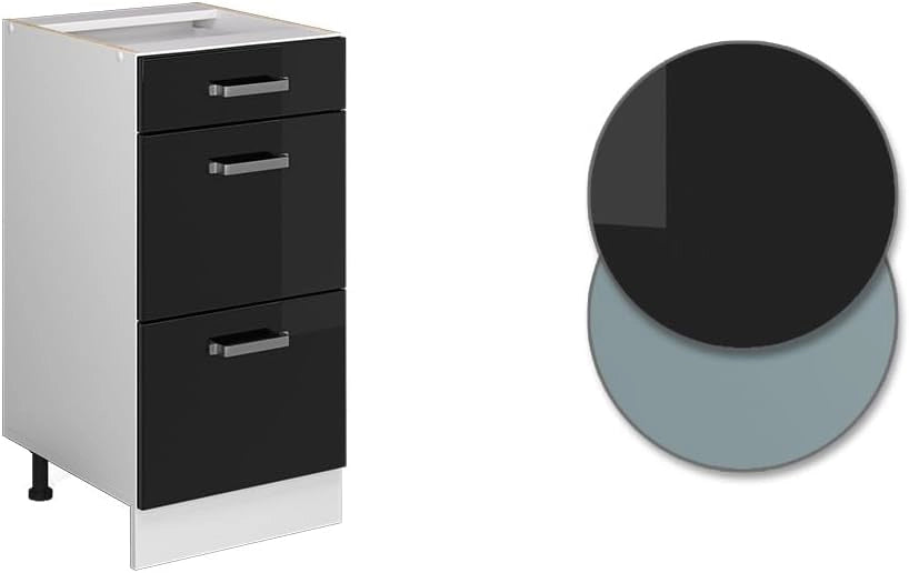 Mobiletto base per cucina R-Line, Nero lucido, 40 cm con cassetti, senza piano di lavoro, per la libera combinazione all'interno di sistemi cucina modulari