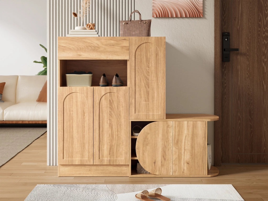 Mobile scarpiera con panca, 1 cassetto, 5 ante e vano aperto per ingresso, in MDF, naturale, 130 × 35 × 110,5 cm
