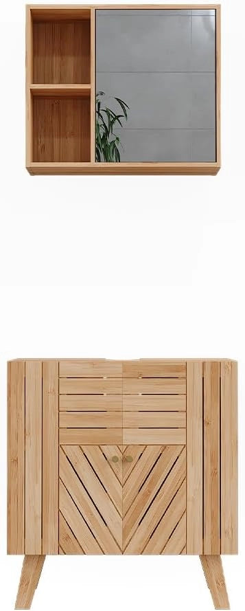 Set di mobili da bagno Lucie, Bambù, 60 cm, composto da specchio da bagno e mobile sottolavabo