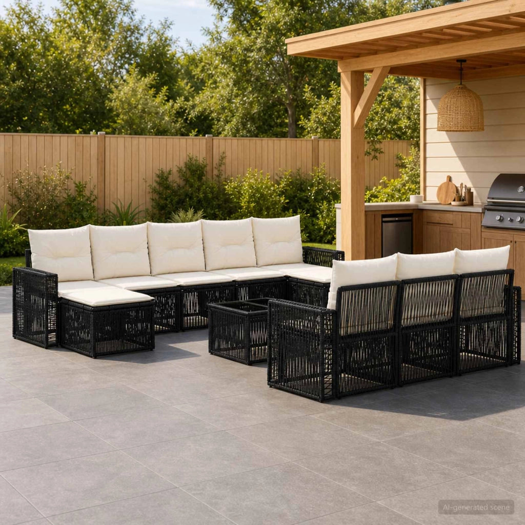 Set Divano da Giardino 11 pz Nero e Bianco Crema polyrattan 3435259