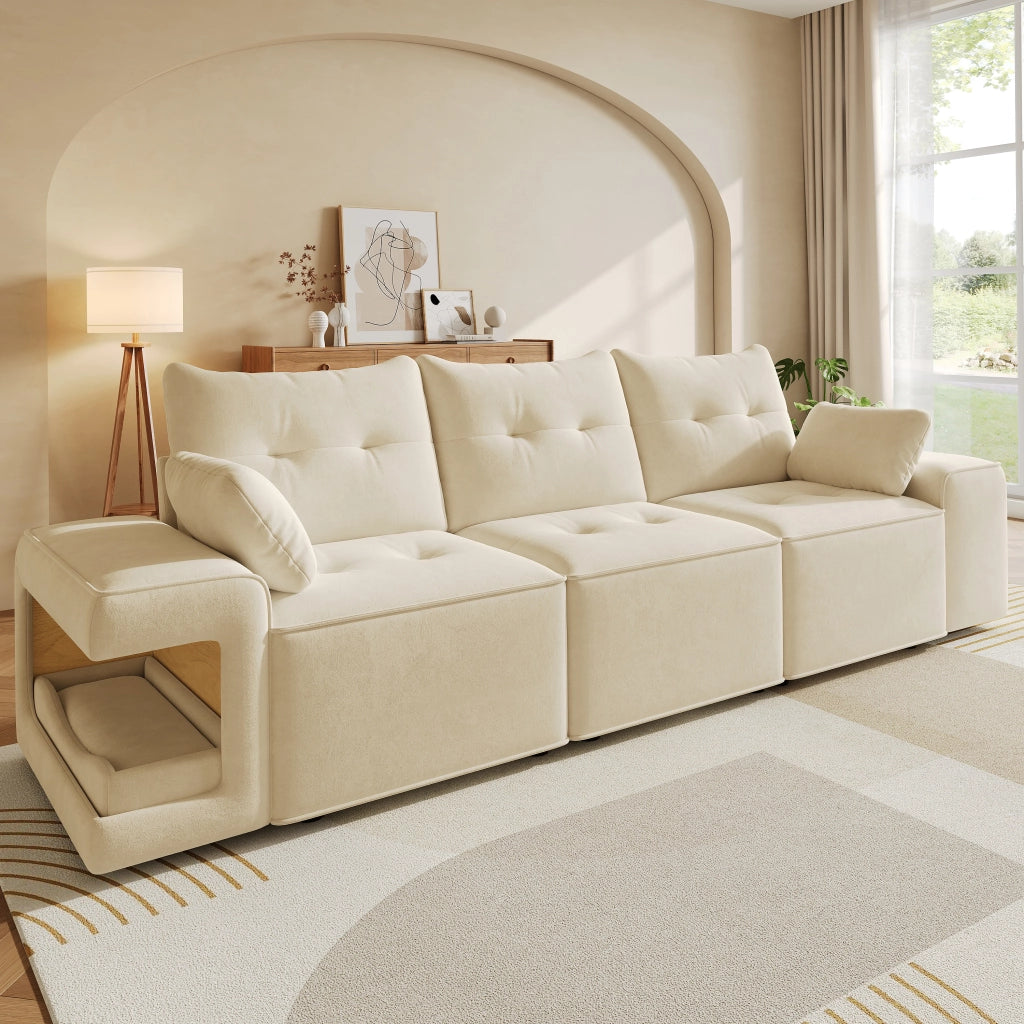DIVANO Modulare 3 Posti 229,5x78x84 cm Velluto Beige con 2 Cuscini e Contenitore