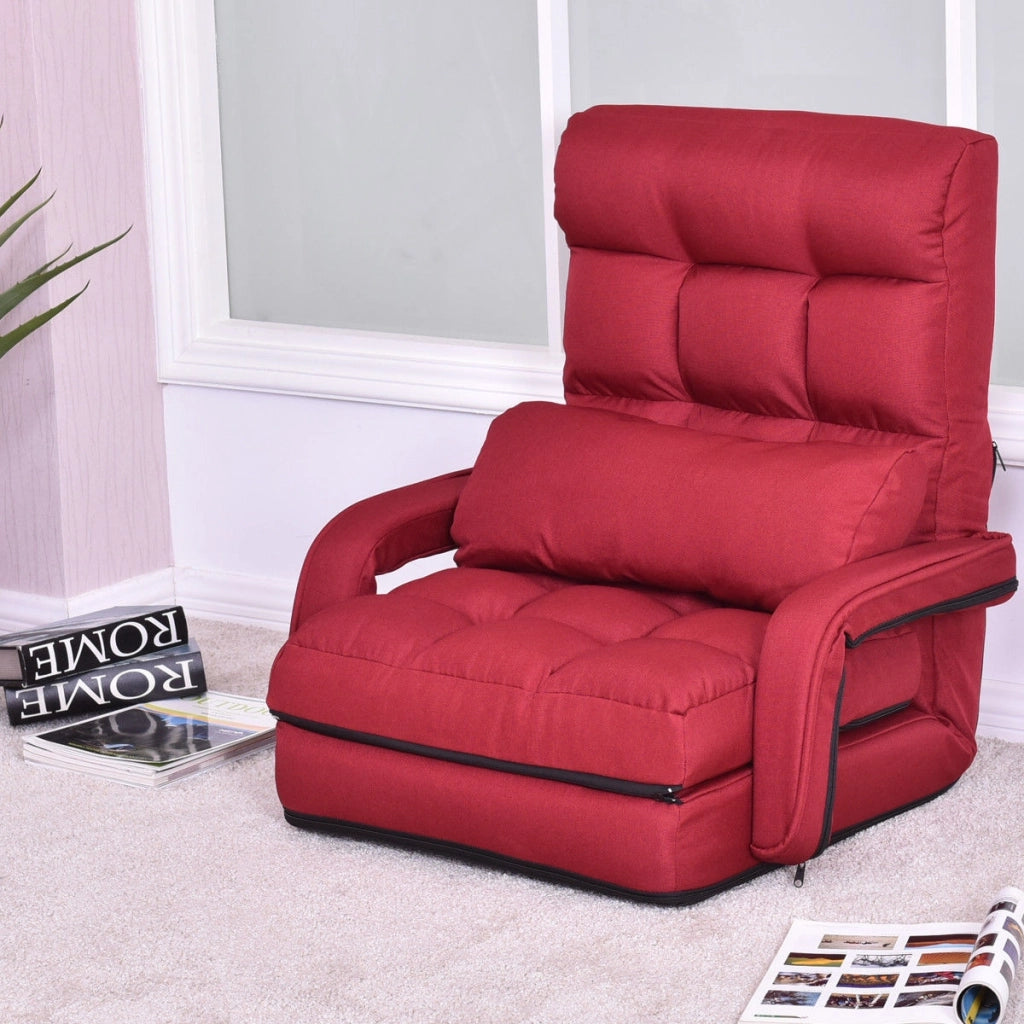 Divano letto in tessuto regolabile in 5 livelli con braccioli e cuscino pieghevole da terra, 173x67x12cm Rosso-Divani letto