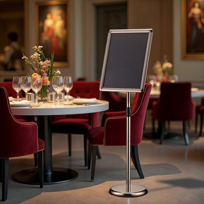 Espositore per poster, pubblicità, menù in A3, altezza regolabile 88-138 cm, supporto per presentazioni, stand, piedistallo in alluminio e acciaio