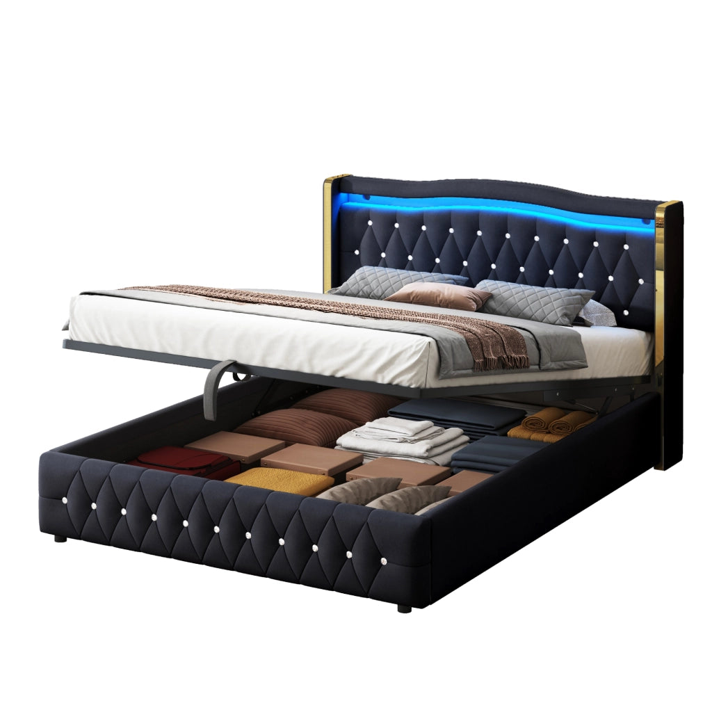 Letto imbottito con LED, contenitore idraulico e gambe larghe, 140x200 cm, velluto nero