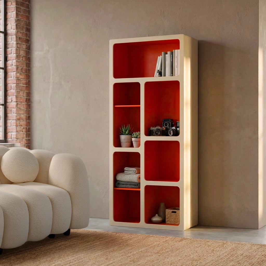 Libreria organica in legno bicolore con 8 scomparti, arancione