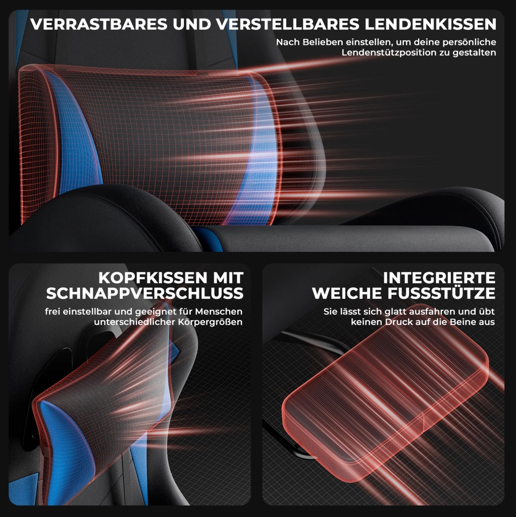 Sedia da gaming ergonomica con poggiatesta; supporto lombare e poggiapiedi retrattile; nero blu