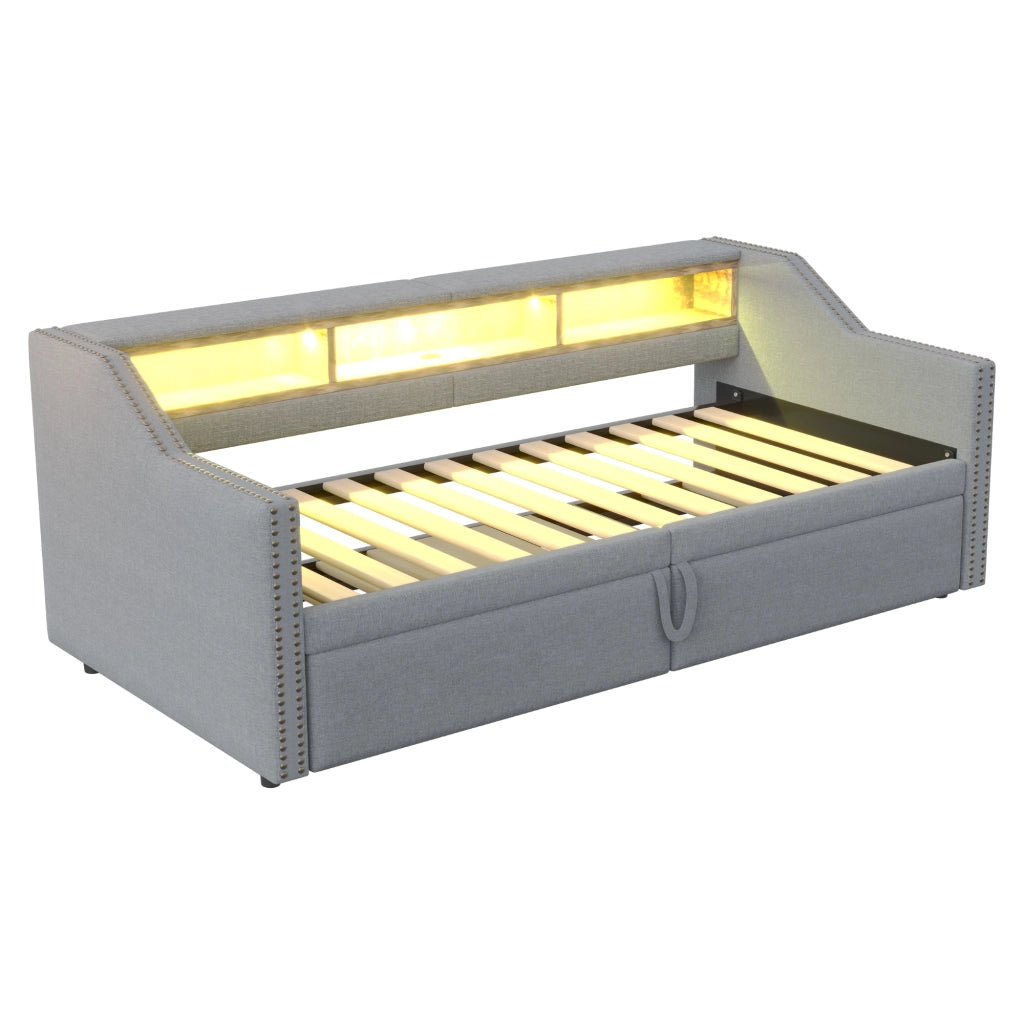 Letto estraibile imbottito matrimoniale 90×200 cm e 180×200 cm con LED; USB e ripiani; senza materasso